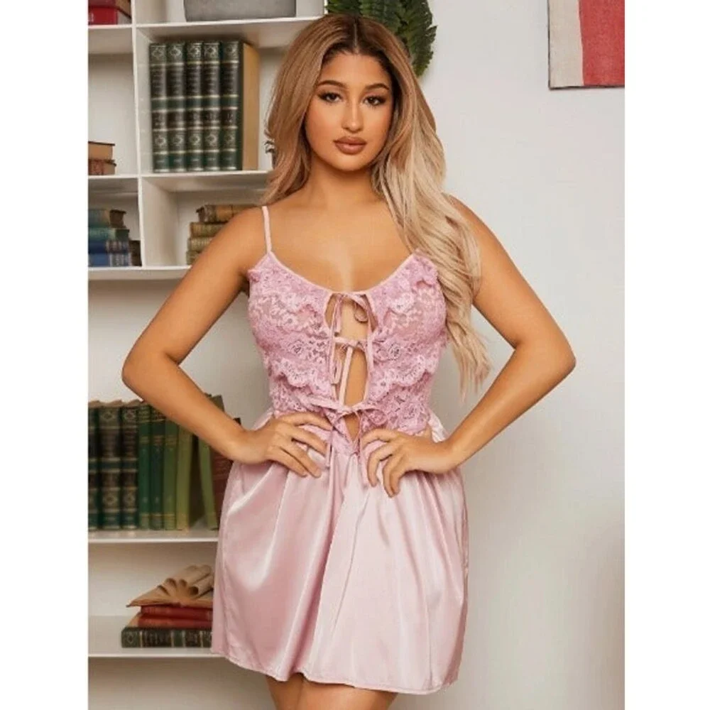 Size 8/10 (Large) Satin Lace Panel Ruffle Trim Knot Front Babydoll Slip